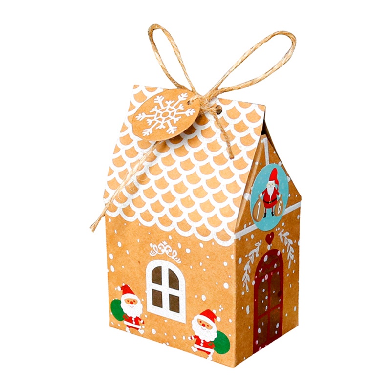 Set 24 bộ hộp đựng bánh kẹo hình ngôi nhà Giáng Sinh có miếng dán lịch mùa vọng 1-24 bằng giấy kraft và dây đay