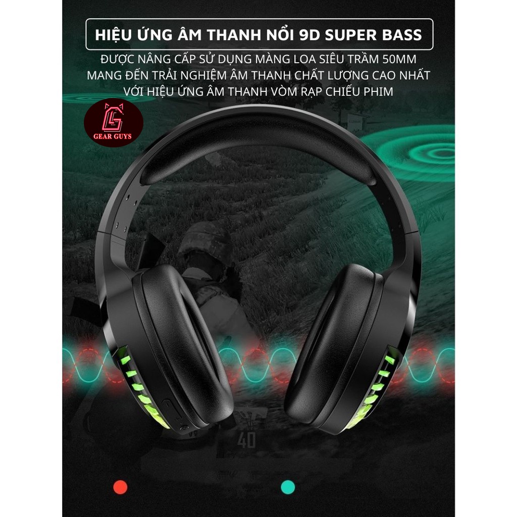 Tai nghe SH33 Super Bass - Bluetooth headphone gaming đèn led đổi màu RGB cho điện thoại máy tính pc laptop