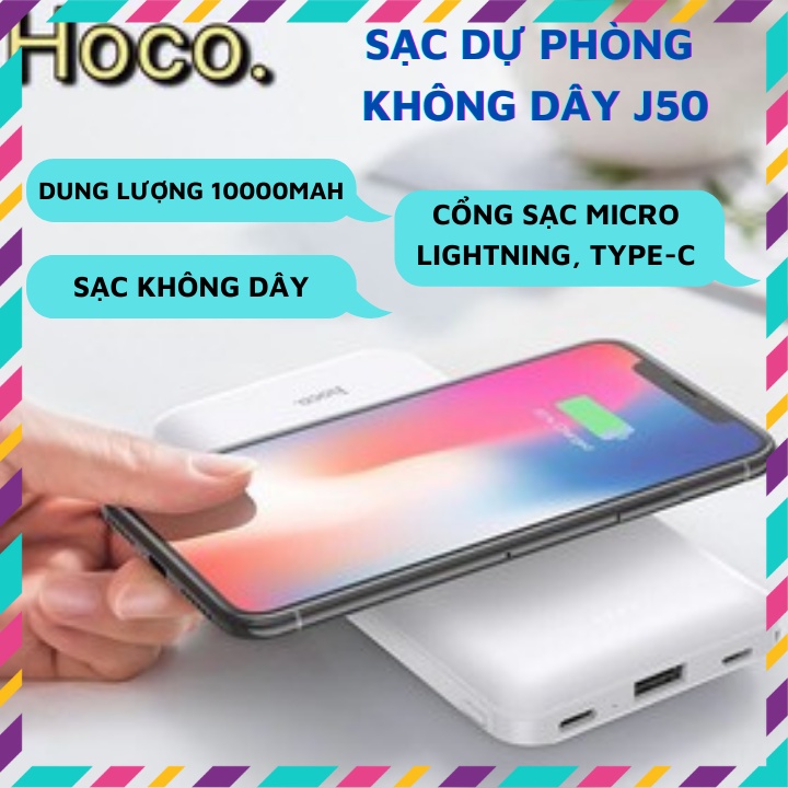 Sạc dự phòng, sạc không dây Hoco J50 10.000mAh, hỗ trợ sạc nhanh, bảo hành 12 tháng