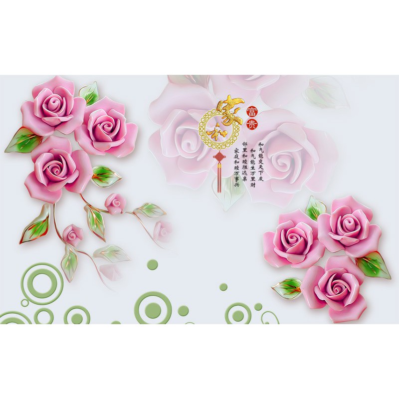 Tranh dán tường 3d hoa hồng trang trí phòng phủ giá rẻ đẹp chất liệu decal pp keo sẵn bóc dán atk 9