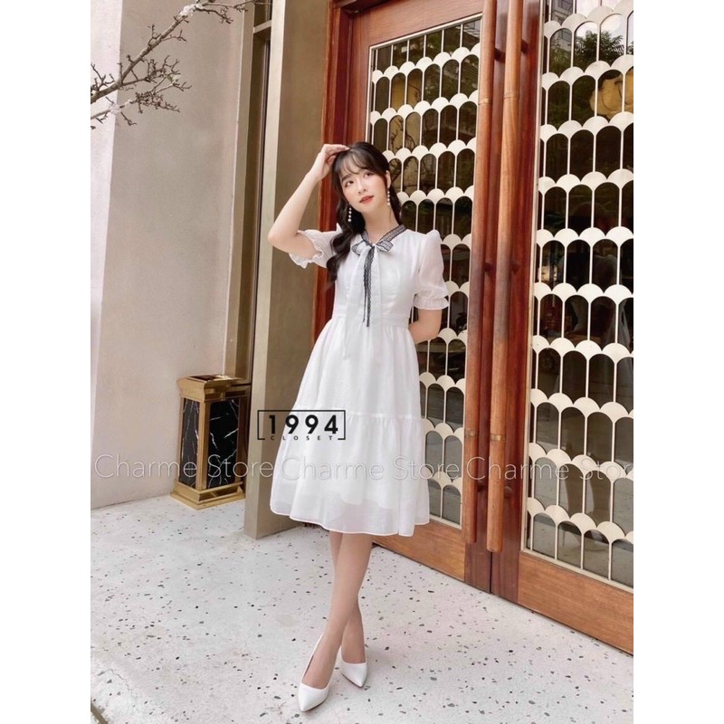 [ VTK88 ] VÁY TRẮNG TK CỔ PHA REN THẮT NƠ