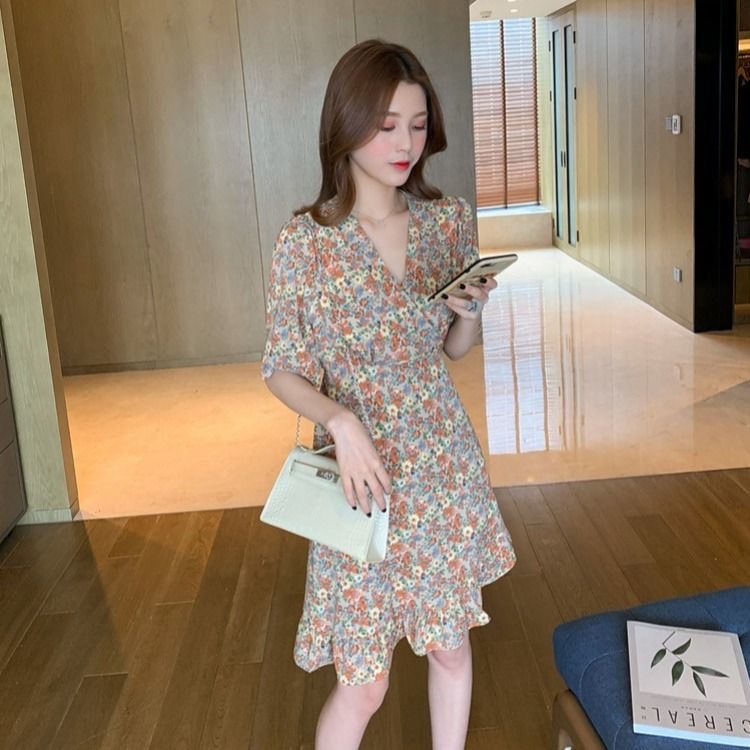 Đầm voan BH hoa ngắn tay cổ chữ V xinh xắn cổ điển dành cho nữ 2020