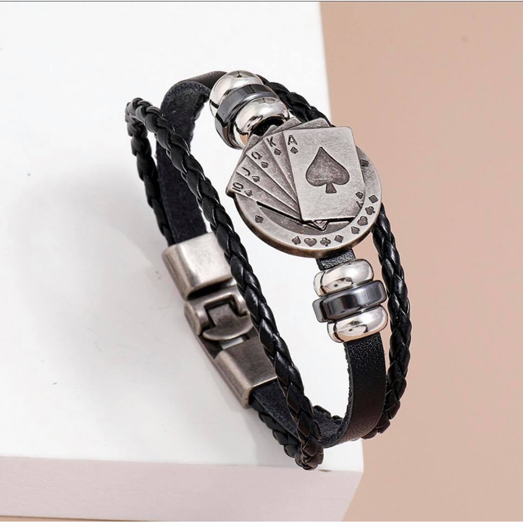 Vòng Tay Da Nhiều Sợi Bện Phối Khóa Hợp Kim hình lá bài độc đáo Phong Cách Âu Mỹ