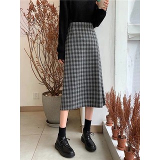 Chân váy dạ kẻ be Sẵn l