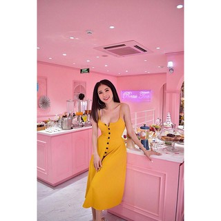 Đầm Xòe Maxi 2 Dây Phối Nút Dọc Khuy (Vàng)