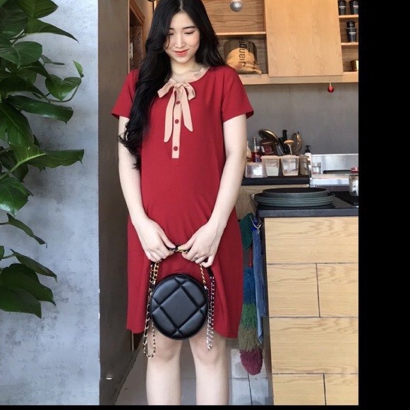 Váy bầu XUÂN HÈ cổ nơ mềm mát - 𝐕𝟏𝟐
