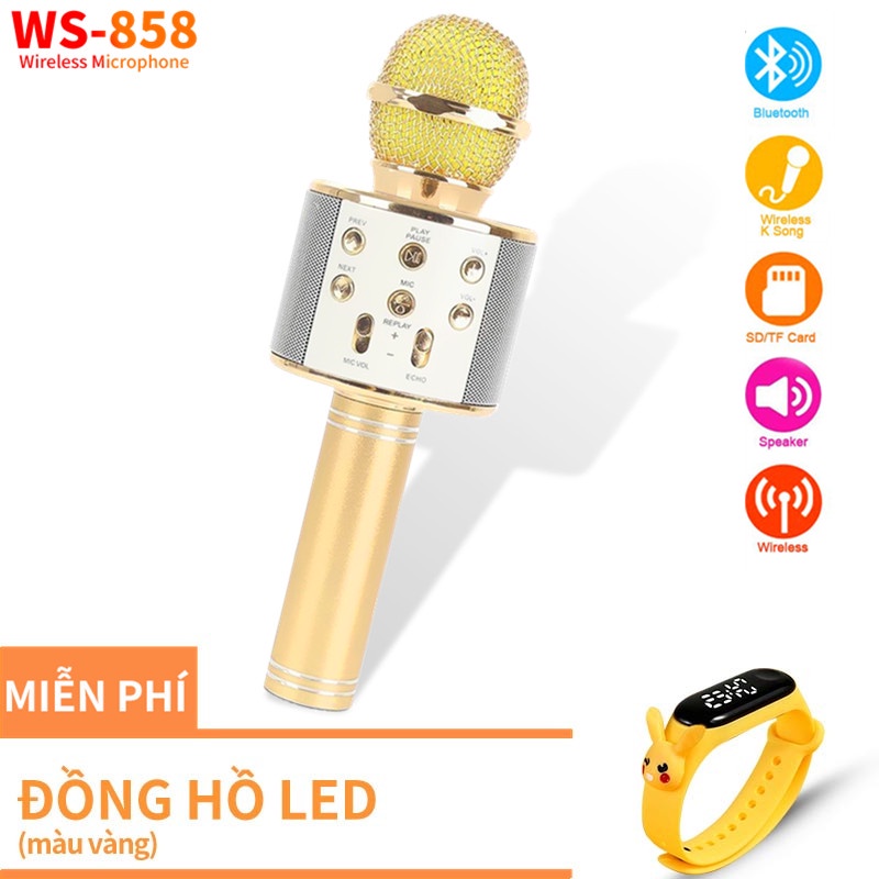 MIC HAT 5 MÀU Mic WS858 Hát Karaoke Bluetooth Không Dây- Kèm loa Âm vang Ấm mic hát karaoke cầm tay mini micro hát trên