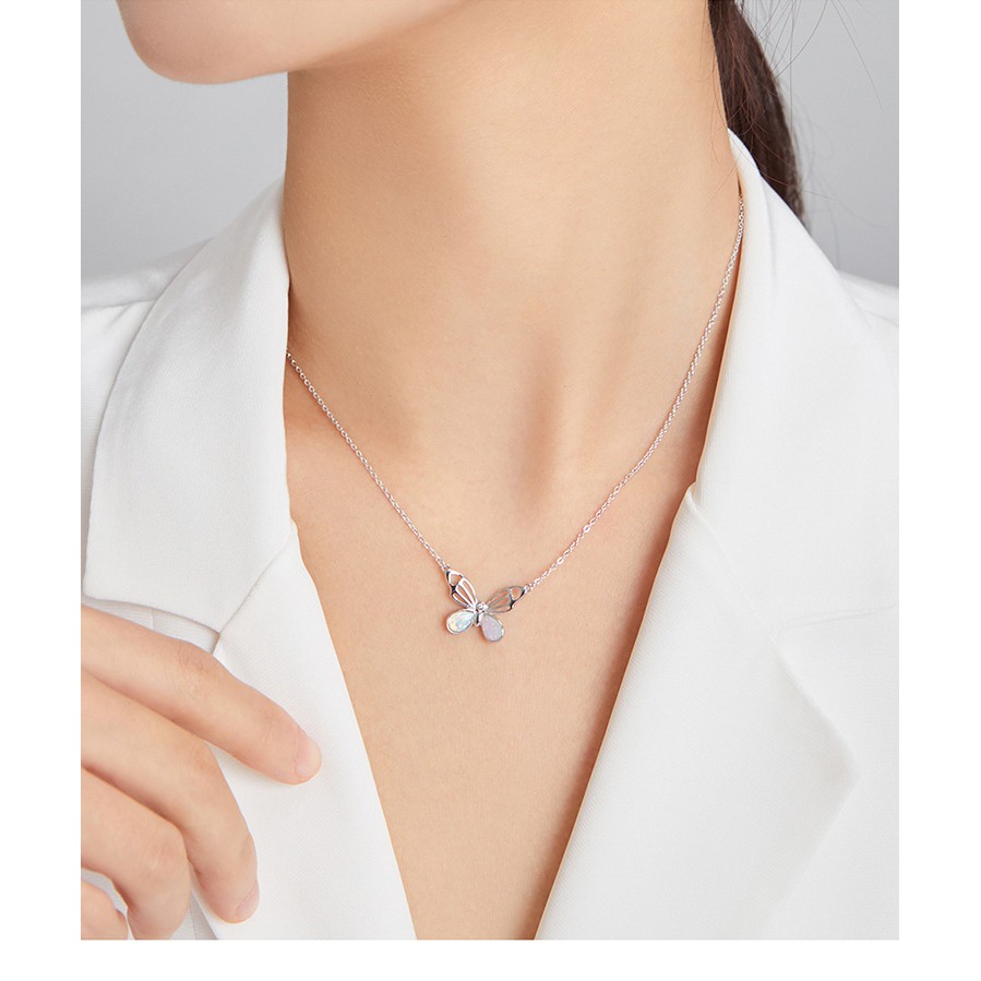 Dây Chuyền Bamoer BSN216 Bạc Sterling 925 Mặt Hình Bướm Đính Đá Màu Trắng Sang trọng Cho Nữ
