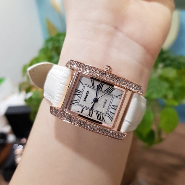 Freeship  Đồng hồ nữ dây da SKMEI quyến rũ đồng hồ nữ mặt vuông đính đá dâ