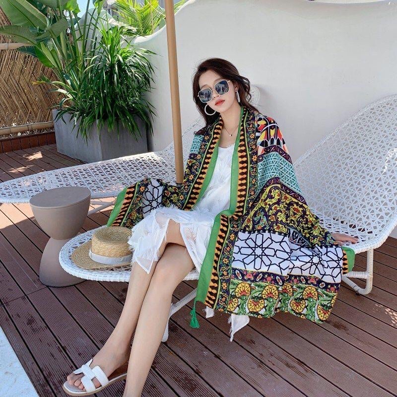 Khăn Quàng Đi Biển Boho Vintage Hoạ Tiết Xanh Nhẹ Nhàng Che Nắng Tốt