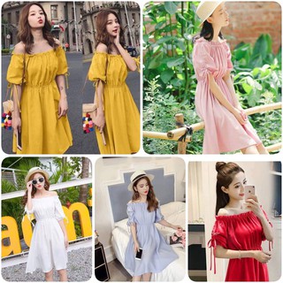 Đầm trễ vai nhún thun dáng xòe