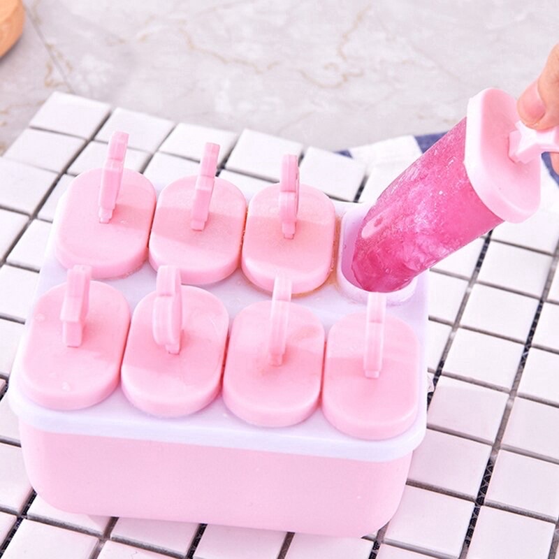 Bộ Khuôn Làm Kem 8 Ngăn Khuôn Kem Rau Câu 8 Que Có Nắp Chất Liệu Nhựa PP Thực Phẩm Dễ Làm Dễ Vệ Sinh Không Bám Mùi B13