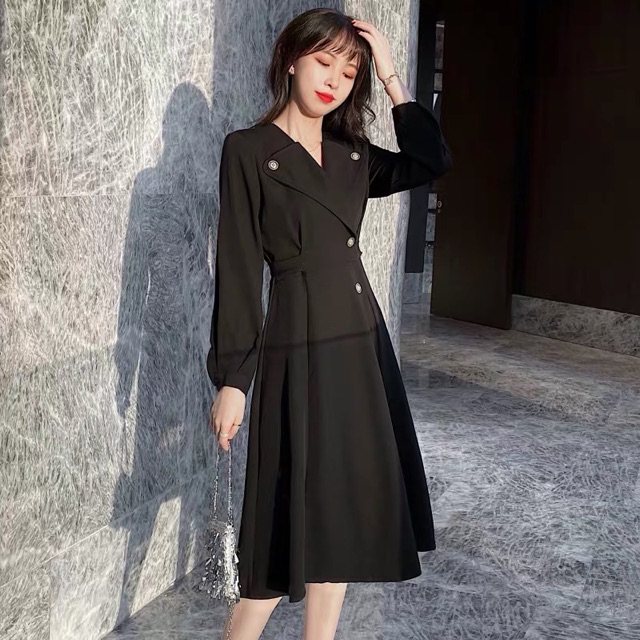M-4XL Đầm cổ vest phối cúc dáng xoè dài thanh lịch