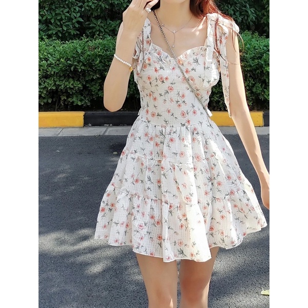 Váy Hai Dây Hoa Nhí Tiểu Thư Vintage Buộc Nơ