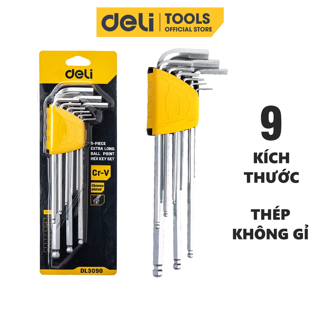 Bộ Lục Giác Chữ L Đầu Bi 9 Chiếc Deli Cao Cấp Chính Hãng - Kích Thước 1,5 - 10mm - Nhỏ Gọn, Tiện Dụng - EDL3090