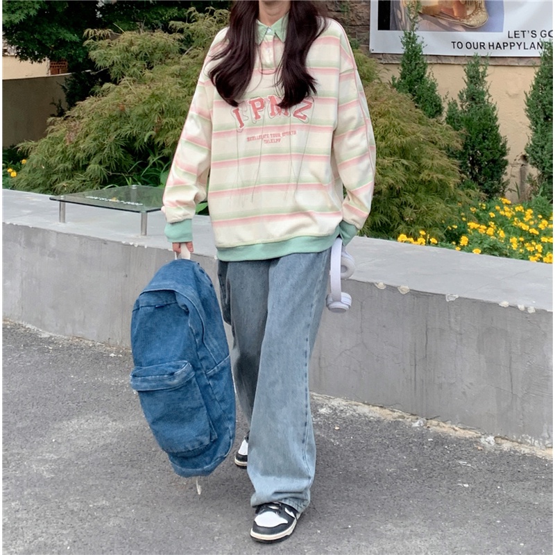 SUXI Áo Thun POLO Dài Tay Họa Tiết Kẻ Sọc Thời Trang Thu Đông Đơn Giản Cho Nữ