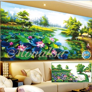 Tranh theu phong cảnh đầm sen đẹp 150x70cm