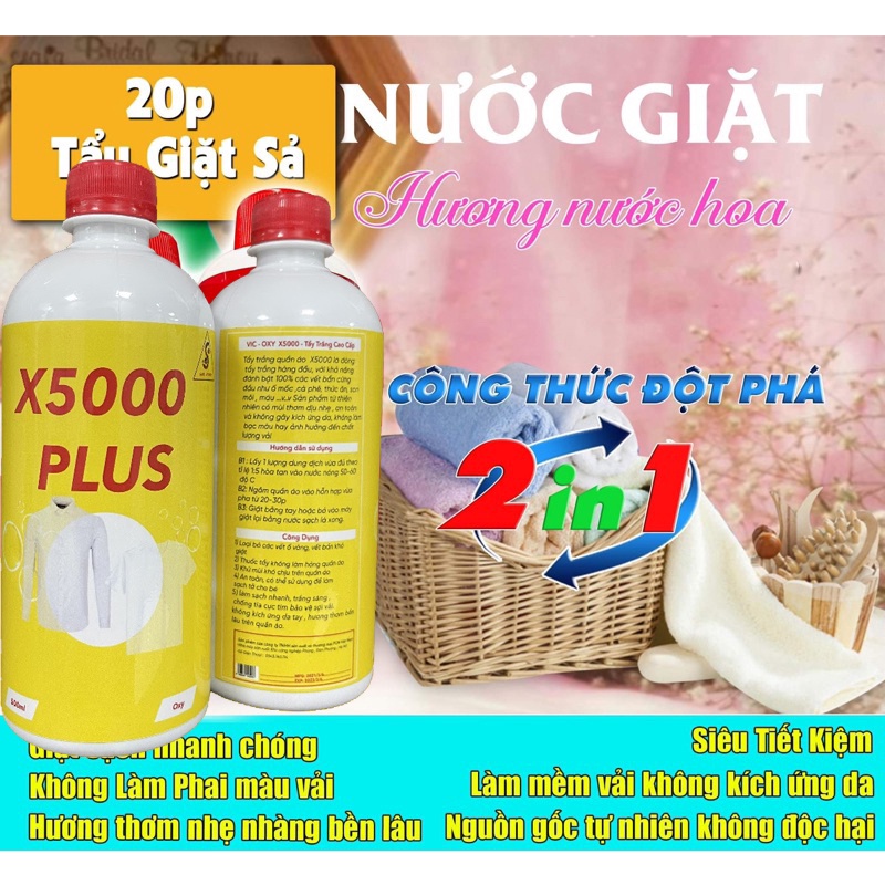 Nước thuốc tẩy quần áo X5000 Plus- Đánh bay ố vàng,mốc quần áo cho vải trắng và màu