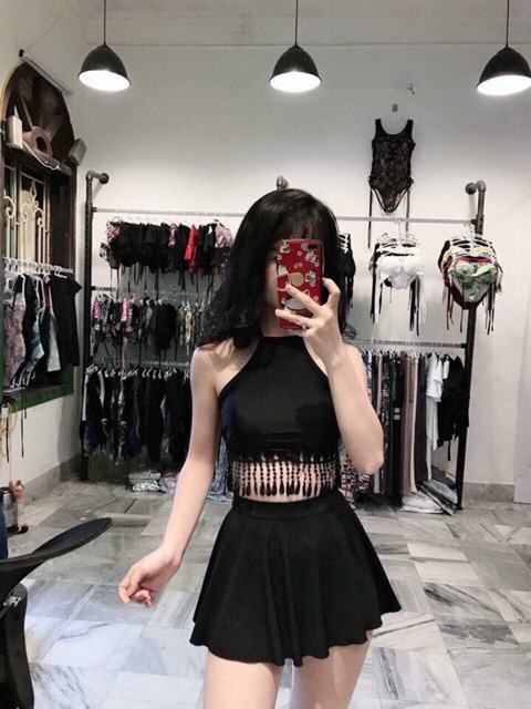 Bikini hai mảnh váy xòe đồ bơi bộ bơi đẹp yếm đen tua rua đẹp sexy giá rẻ ( Kèm ảnh khách)