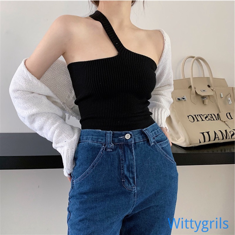 Wittygirls_shop | Áo hai dây dệt kim màu trơn quyến rũ thời trang cho nữ