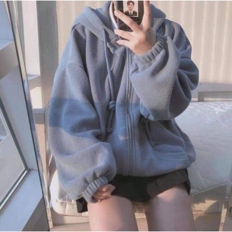 Áo Khoác Hoodie Nỉ Trơn Unisex🌸Áo tay bồng khóa kéo có mũ hàng thu đông