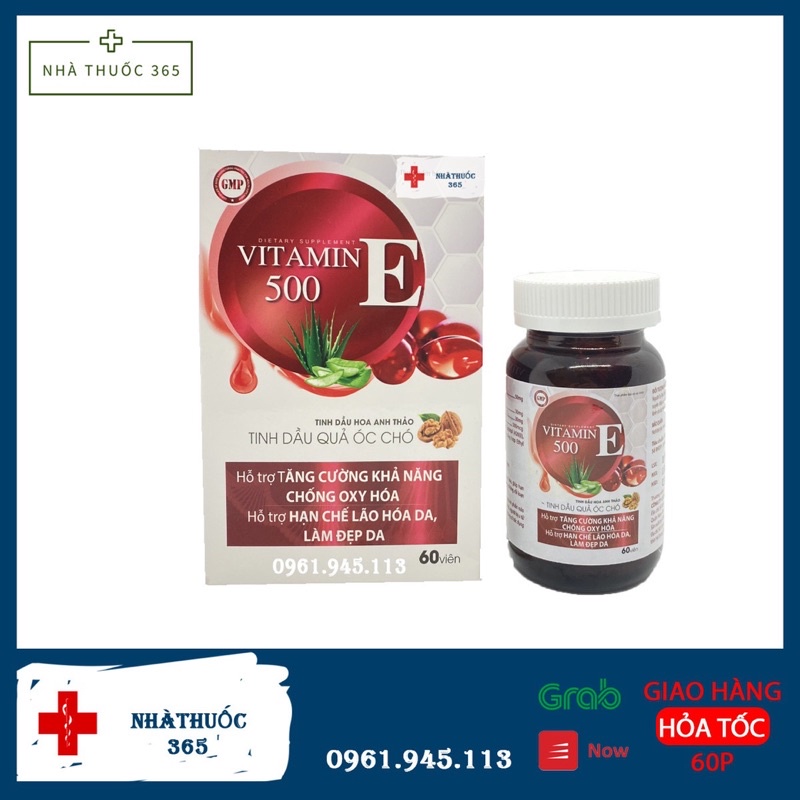 Viên uống sáng da VITAMIN E 500 -Tinh dầu hoa anh thảo ,óc chó - Giúp làm đẹp da, tăng cường nội tiết tố nữ hộp 60 viên