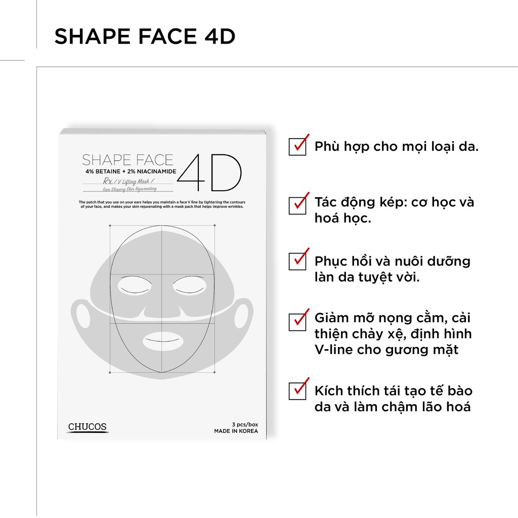 [Mã FMCGMALL -8% đơn 250K] Mặt nạ V-line 4D hai bước tác động kép Chucos Shape Face 4D Mask (HỘP 3 MASK)