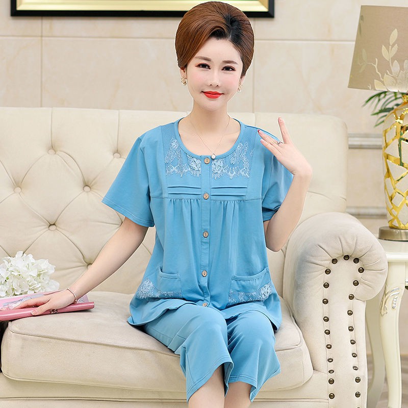 Bộ đồ ngủ của mẹ bằng vải cotton Cao - quần cắt ngắn chất lượng dành cho người trung niên và già cộng với size áo