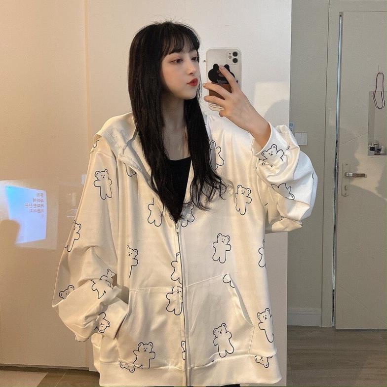 Áo Hoodie Nỉ Nữ Hình Gấu Trắng , Unisex Khóa Kéo Kèm Mũ G023