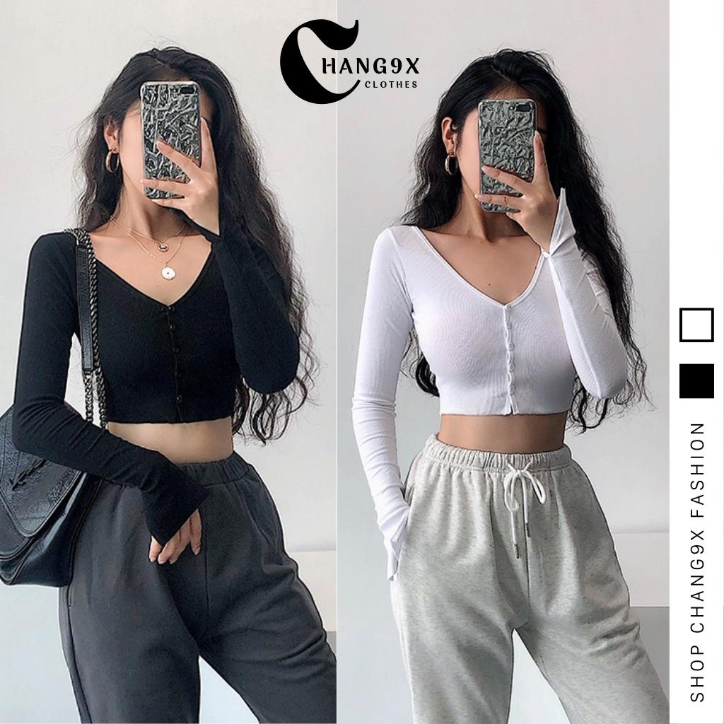 Áo Croptop CỔ TIM CÀI NÚT Tay Dài Nữ Ôm Body Thời Trang, Áo Kiểu Trơn Chất Thun Gân Đẹp CR43