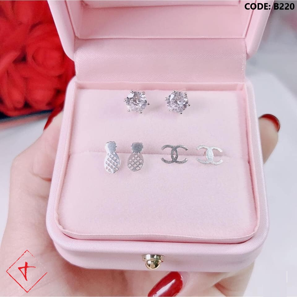 Set bông tai bạc đính đá quả dứa channel TIMS B220