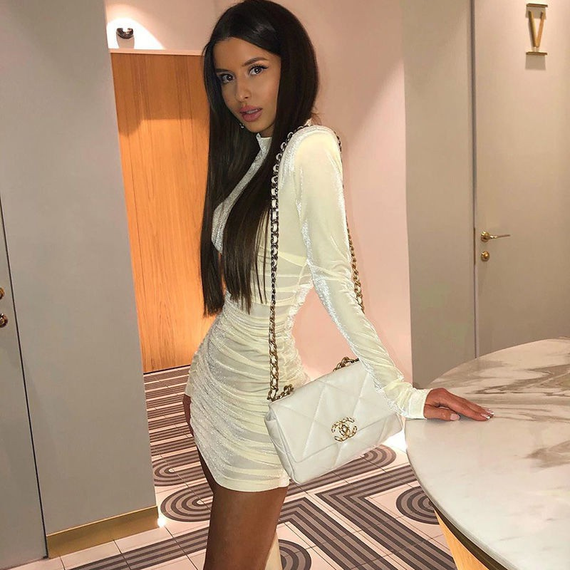 Đầm Tay Dài Cổ Cao Dáng Ôm Xếp Ly Thời Trang 2020 Cho Nữ 23316p