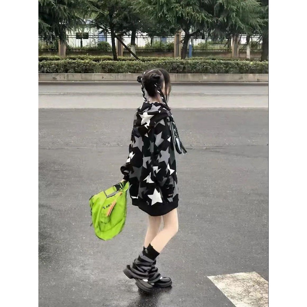 Áo Khoác Hoodie oversize In Hình Ngôi Sao Phong Cách Đường Phố Mỹ
