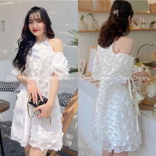 Váy yếm họa tiết hoa, váy trễ vai trắng phong cách tiểu thư hàn quốc