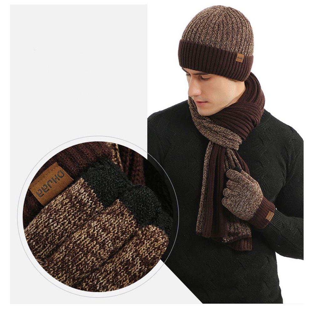 Set 3 Món Mũ beanie + Găng Tay + Khăn Choàng Dệt Kim Thời Trang Mùa Đông Cho Nam
