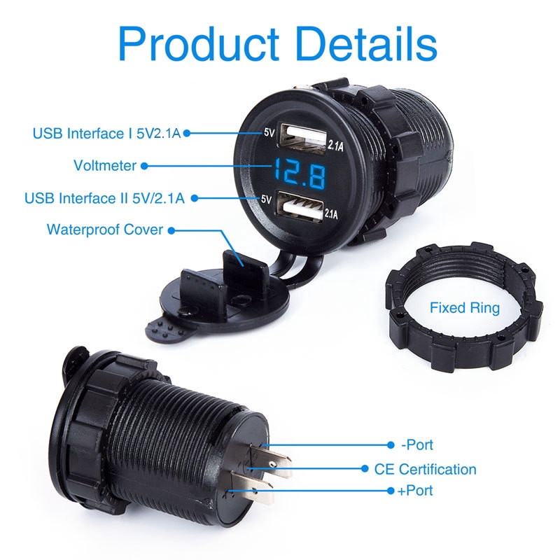 Car Dual USB Charger Socket Adapter LED Display with Dust Cover Power Socket Car Motorcycle Waterproof USB Quick Charge