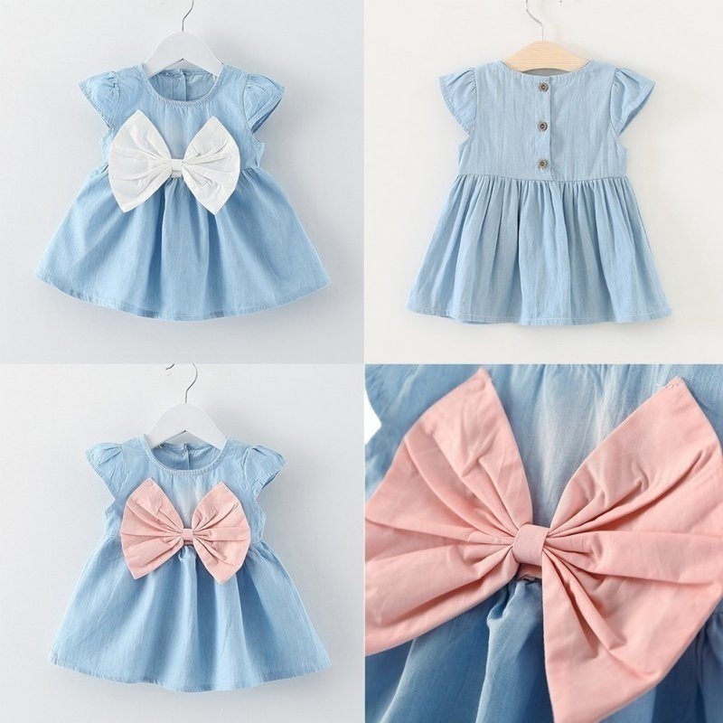 Đầm tay ngắn đính nơ cho bé gái