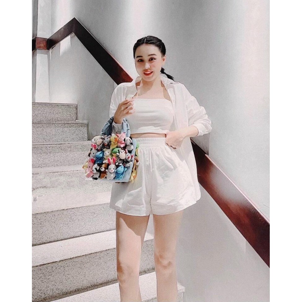 Set Sơ Mi Tay Dài Và Quần Đùi Kèm Áo Trong Hai Dây Thời Trang Nữ Rose Fashion