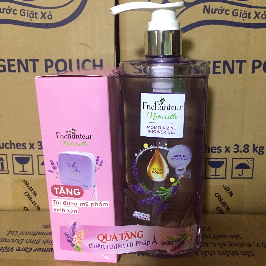 Sữa tắm dưỡng da Enchanteur Naturelle hương hoa Lavender/ Iris 510gr/Chai+ TÚI MAKEUP