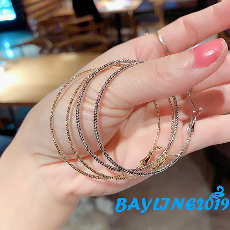 BAY-Khuyên tai hình tròn lớn màu trơn sáng bóng kích thước lớn cho nữ