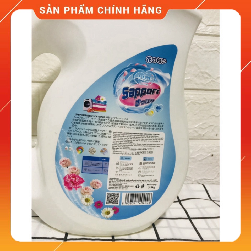 Nước Giặt Xả Quần Áo Sappori Nhật Bản - Hương Nước Hoa, An Toàn Cho Da Chai 3,3kg