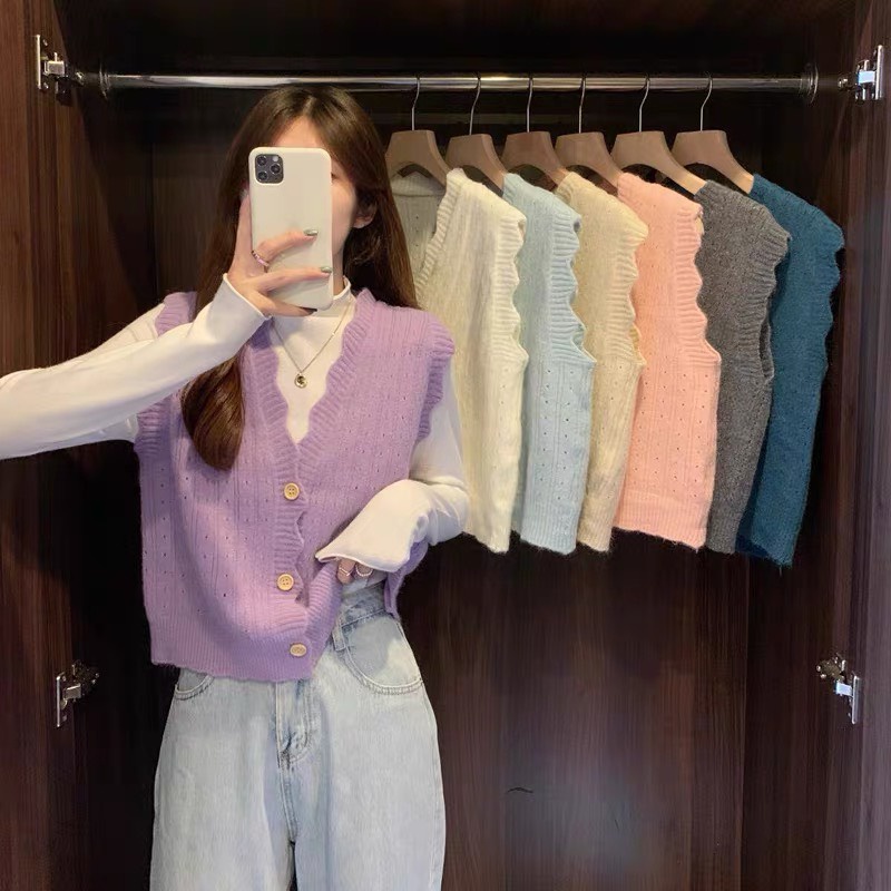 Áo Len Gile Nữ ghile Cổ V Basic Màu Trơn Có Cúc Kiểu Hàn Quốc Ulzzang thời trang Xiaozhainv vn_K3C1 | BigBuy360 - bigbuy360.vn