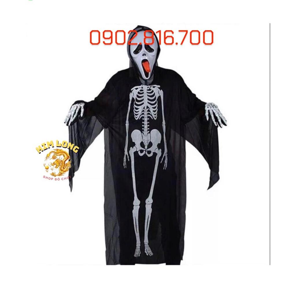 Combo Áo Choàng có nón và găng tay và mặt nạ hình Bộ Xương cho trẻ em người lớn trang phục hóa trang HALLOWEEN