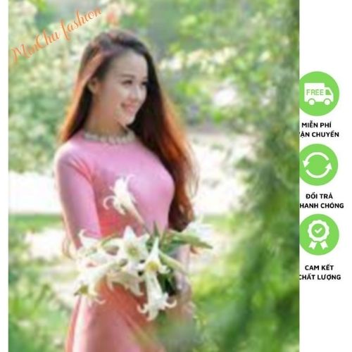 bộ áo dài truyền thống siêu lụa trơn màu hồng phấn cổ tròn đính đá