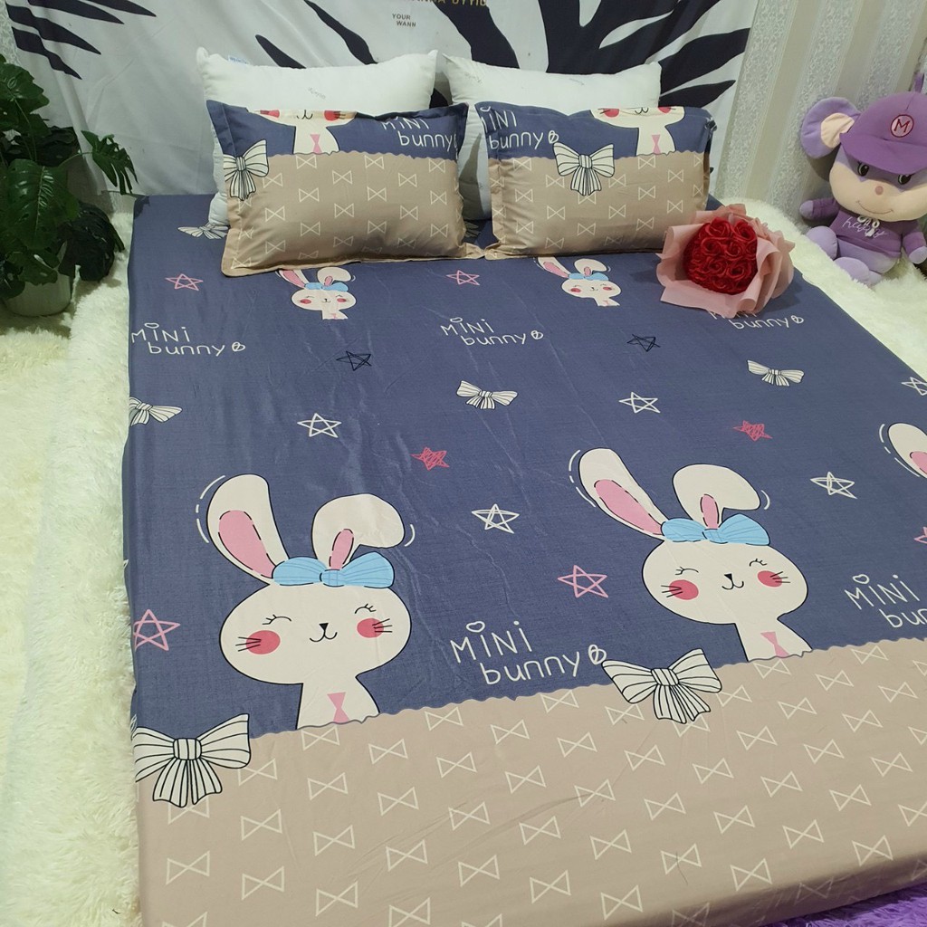 SET 4 CHĂN HÈ TRẦN BÔNG KÈM GA GỐI POLY COTTON MẪU THỎ BUNNY