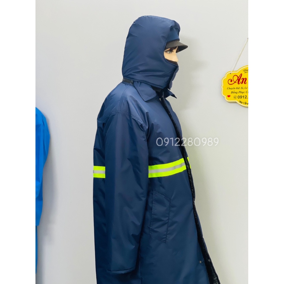 Áo kho lạnh -30 độ form dài đến gối mặc trong kho đông lạnh, thủy sản, trái cây có phản quang_ Hình chụp thật