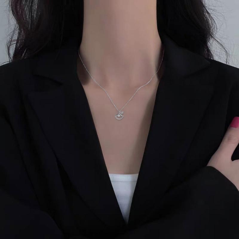 XiaoboACC Dây chuyền thép titan mạ vàng/ bạc mặt kiểu lá đính đá zircon ginkgo thời trang