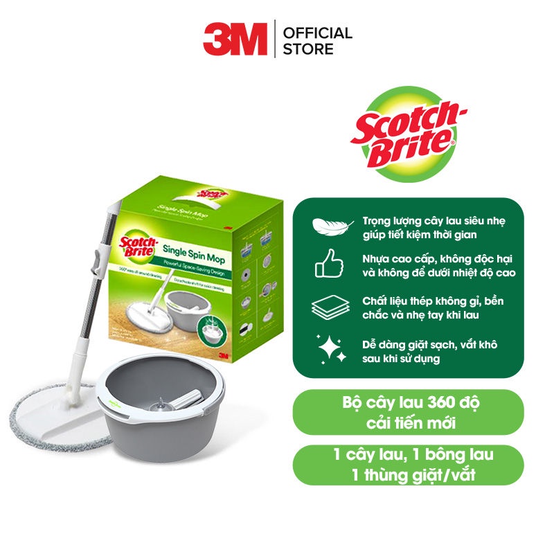 Bộ Cây Lau 360 Độ Cải Tiến 3M Xa006515267 - Single Microfiber Cloth Spin Mop – Hàng Chính Hãng Scotch-Brite