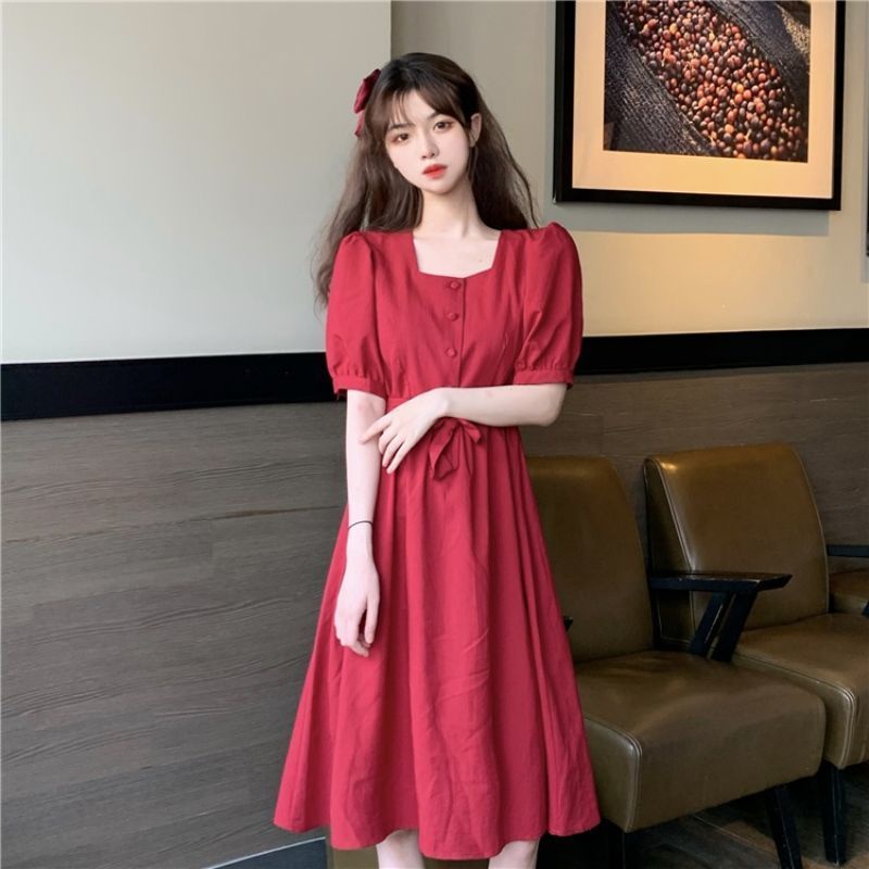 Đầm tay ngắn cổ vuông dáng chữ A phong cách Hàn Quốc thời trang mùa hè mới