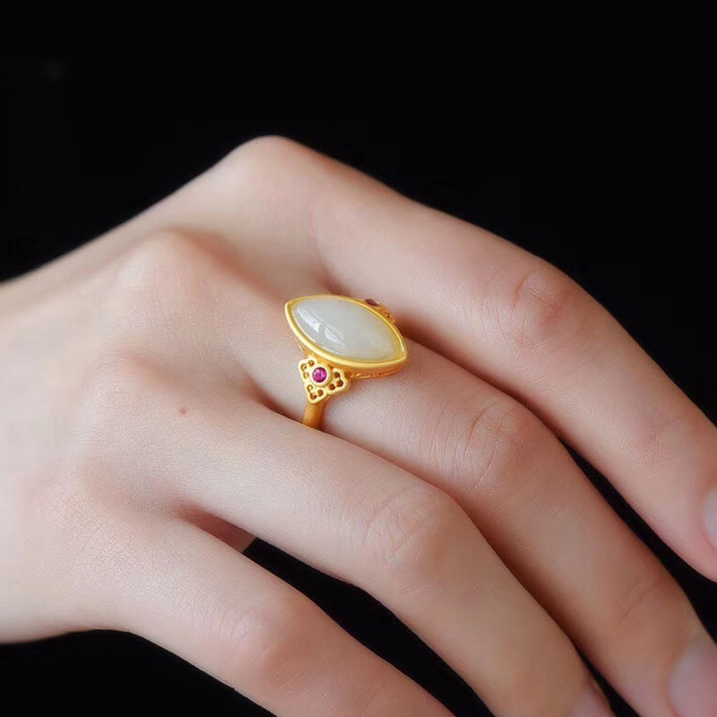 Nhẫn mạ bạc S925 đính đá ngọc bích Hetian/ ngọc trắng Jasper nhân tạo có thể điều chỉnh